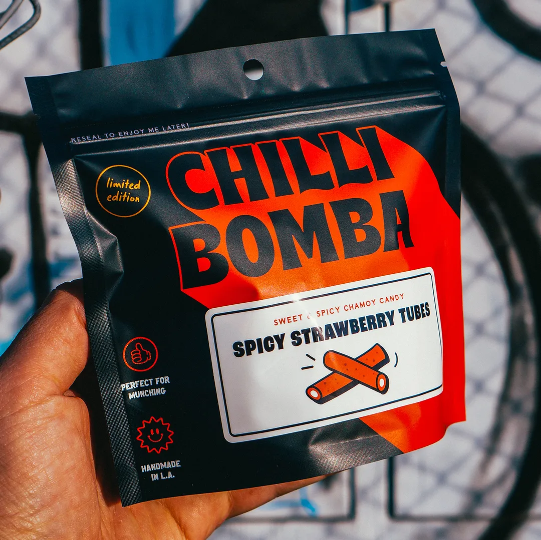 Chilli Bomba Spicy Strawberry Tubes Chili Chamoy Candy 8oz Bag / 12ct