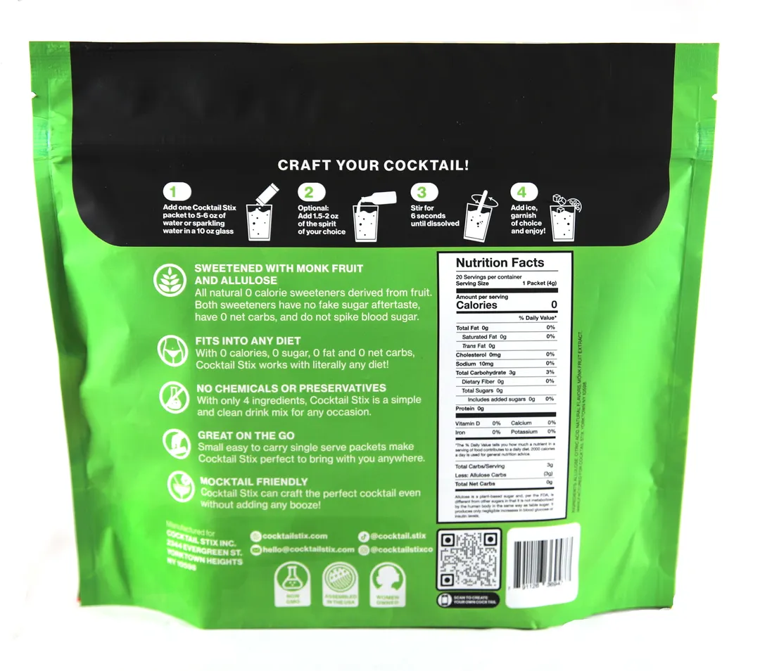 Cocktail Stix Zero Sugar Cocktail & Mocktail Drink Mixer - Skinny Mixes - Vegan - No Calories, No Carbs, No Sugar - Non-GMO - 20 Pack