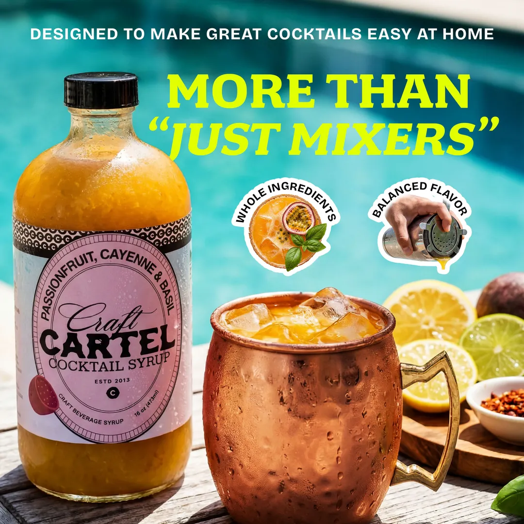 Craft Cartel Passionfruit, Cayenne & Basil Cocktail Syrup Mixer | 16oz | Craft Cocktail & Mocktail Mix
