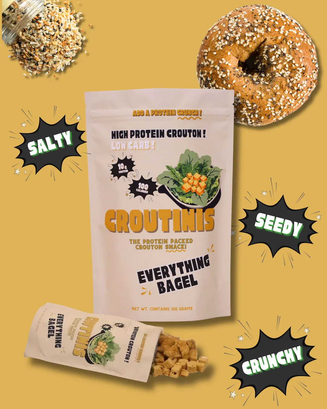 Everything Bagel Crouton - High Protein, Low Carb & Gluten Free, Pantry Size 3.5oz Bags