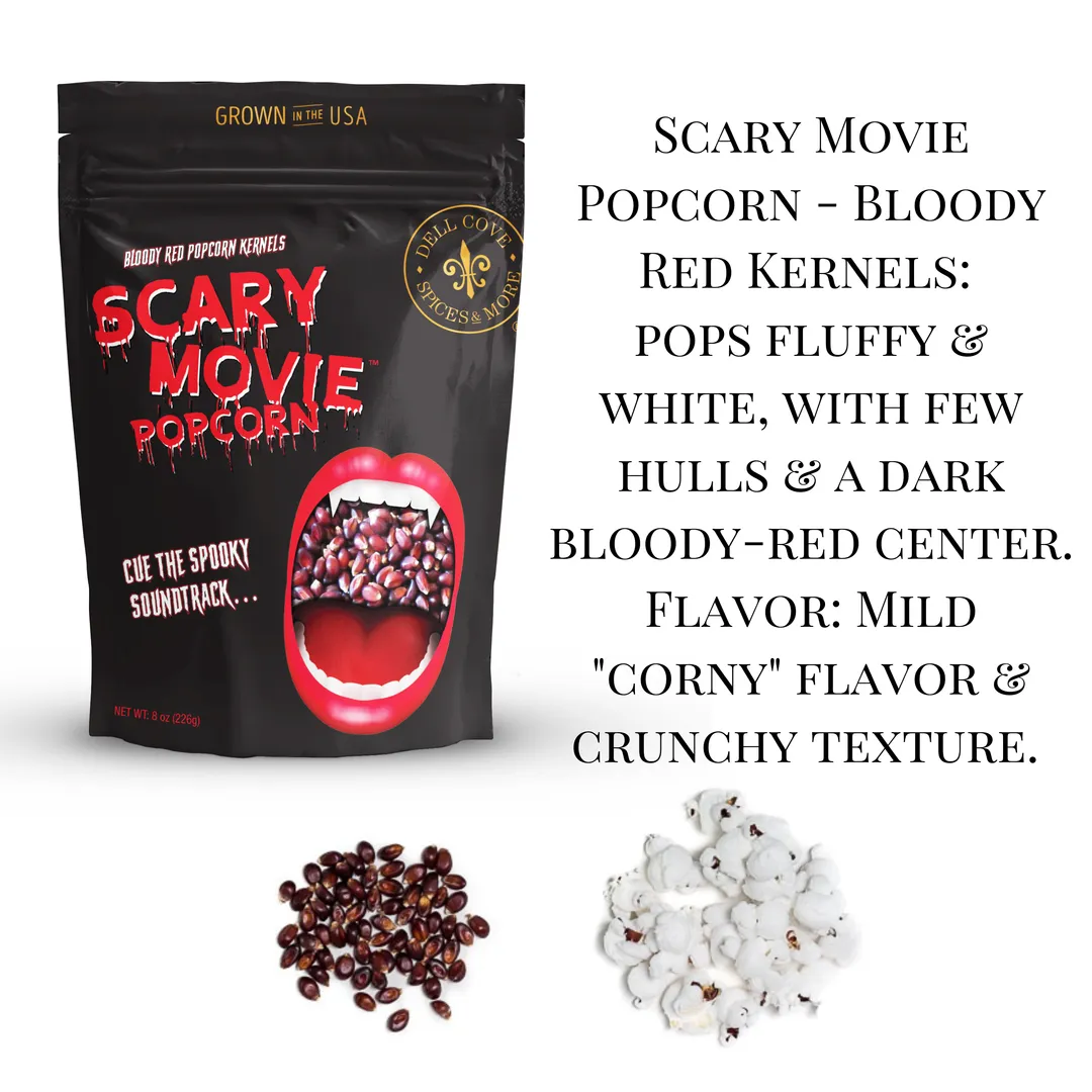 Halloween Popcorn - Scary Movie Popcorn with Bloody Red Popcorn Kernels for horror movie night and tabletop game snacks