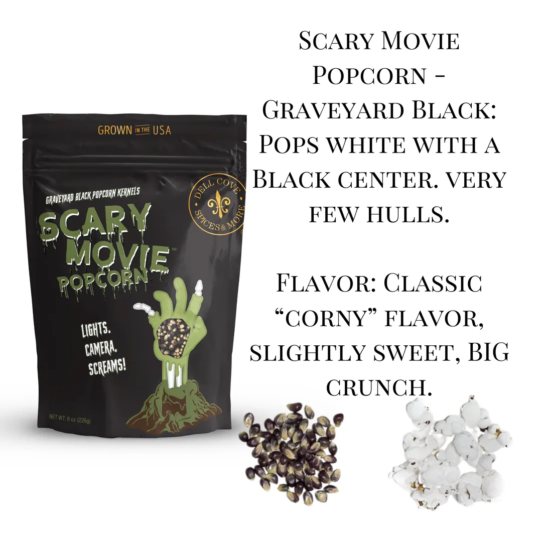 Zombie Popcorn for Halloween - Scary Movie Popcorn with Graveyard Black Popcorn Kernels for horror movie night and tabletop game snacks