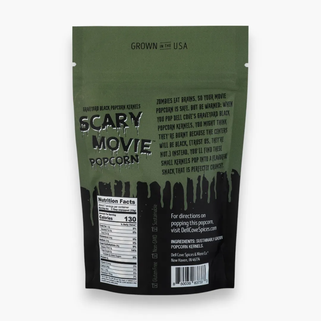 Zombie Popcorn for Halloween - Scary Movie Popcorn with Graveyard Black Popcorn Kernels for horror movie night and tabletop game snacks