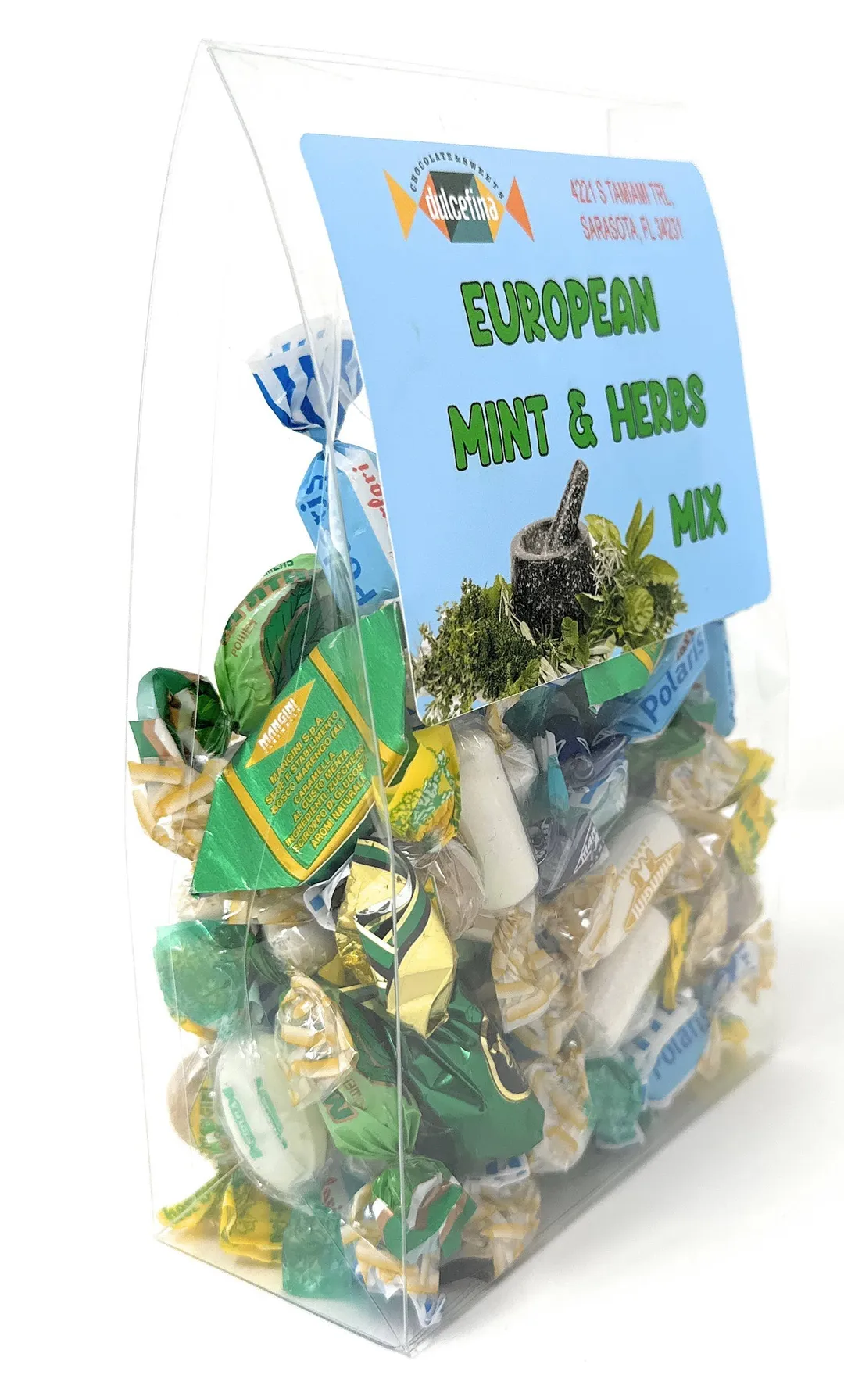 European Mint and Herbal  Candy Mix 10oz  Clear  Tab Top Box