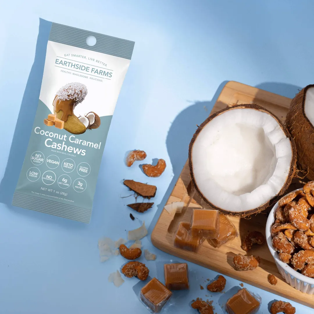 Earthside Farms Coconut Caramel Cashews No Sugar Added Candied Nuts, 1oz