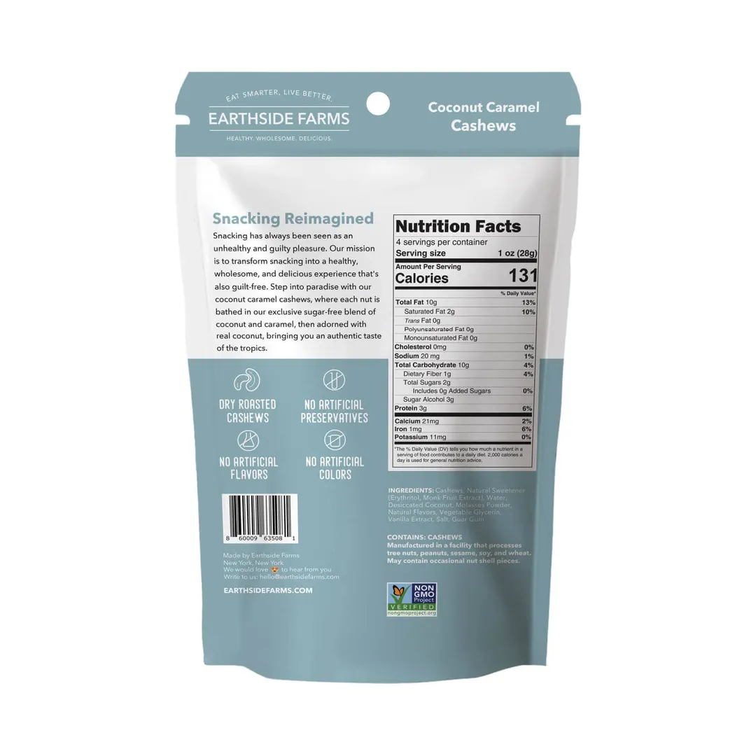 Earthside Farms Coconut Caramel Cashews - Vegan Candied Nuts 4oz Snack Pack
