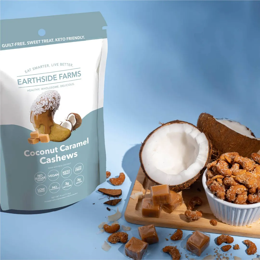 Earthside Farms Coconut Caramel Cashews - Vegan Candied Nuts 4oz Snack Pack