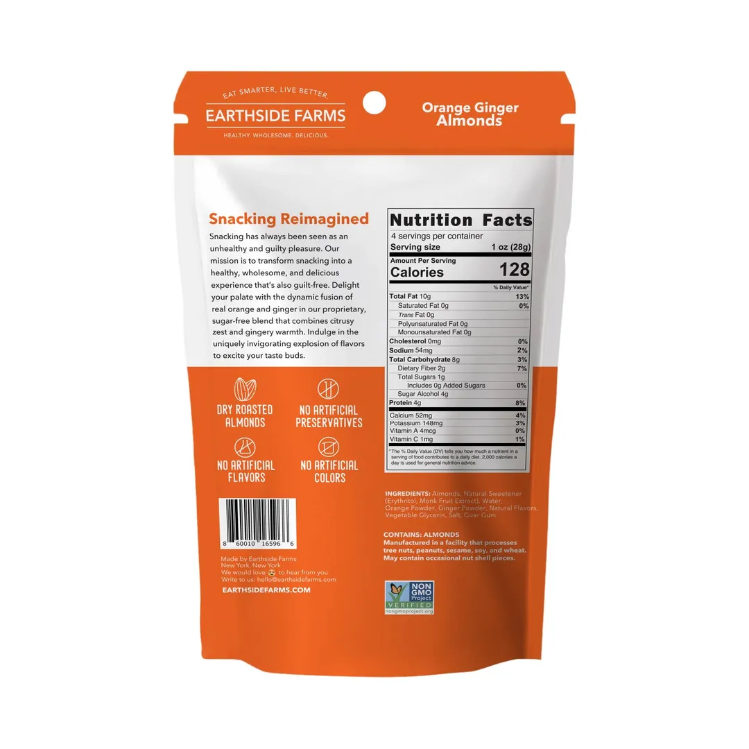 Earthside Farms Orange Ginger Almonds - Vegan Candied Nuts 4oz Snack