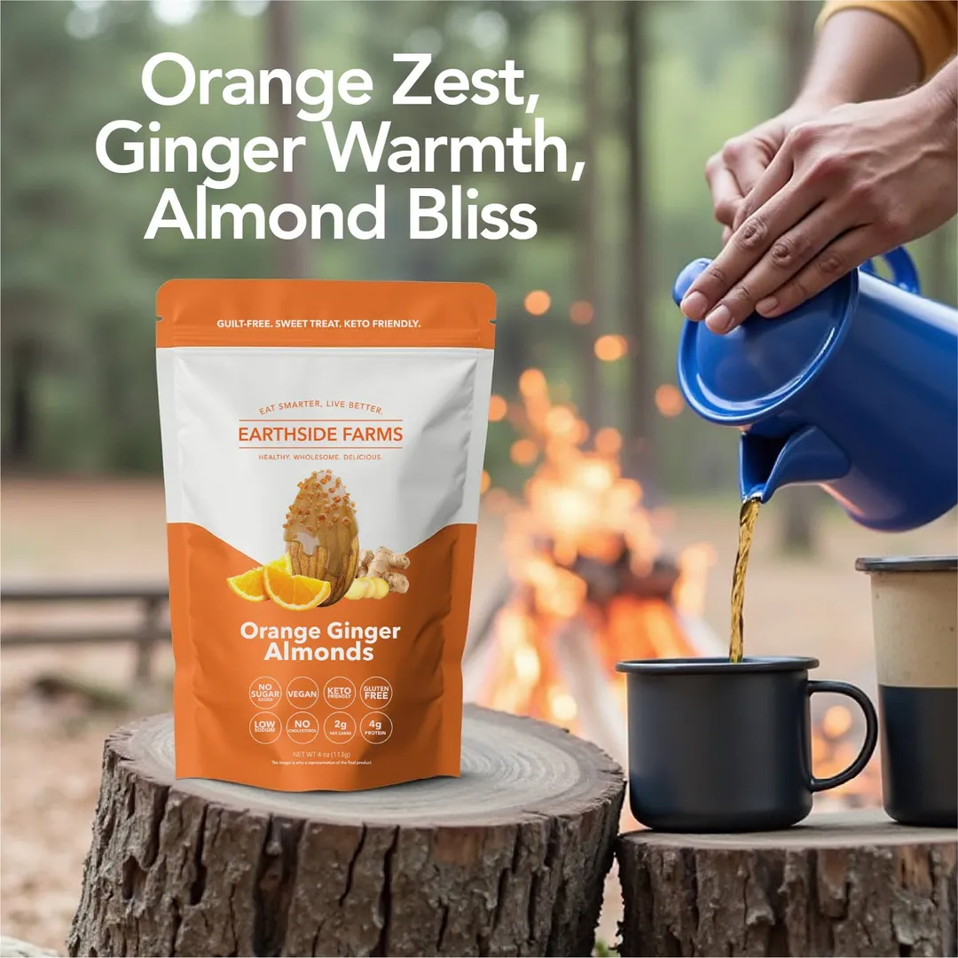 Earthside Farms Orange Ginger Almonds - Vegan Candied Nuts 4oz Snack