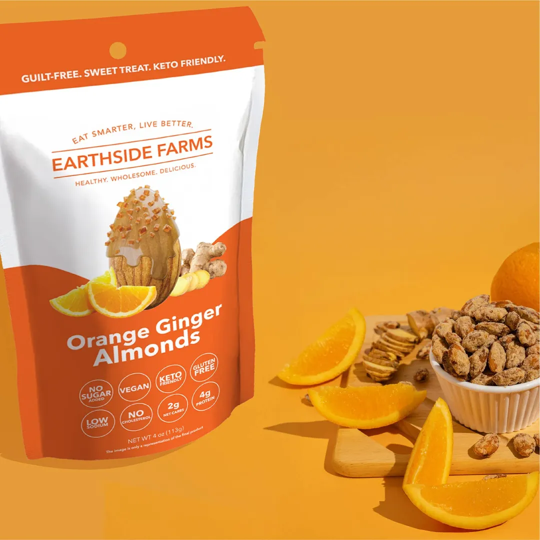 Earthside Farms Orange Ginger Almonds - Vegan Candied Nuts 4oz Snack
