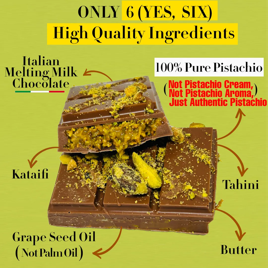 Premium Dubai Kunafa Pistachio Chocolate Bar -2oz- Freshly Made with Italian Melting Chocolate | Extra Rich Pistachio Flavor | Thick Knafeh Kadaifi Pisstachio Choco Bar | Freshly Baked & Wrapped in Patisserie
