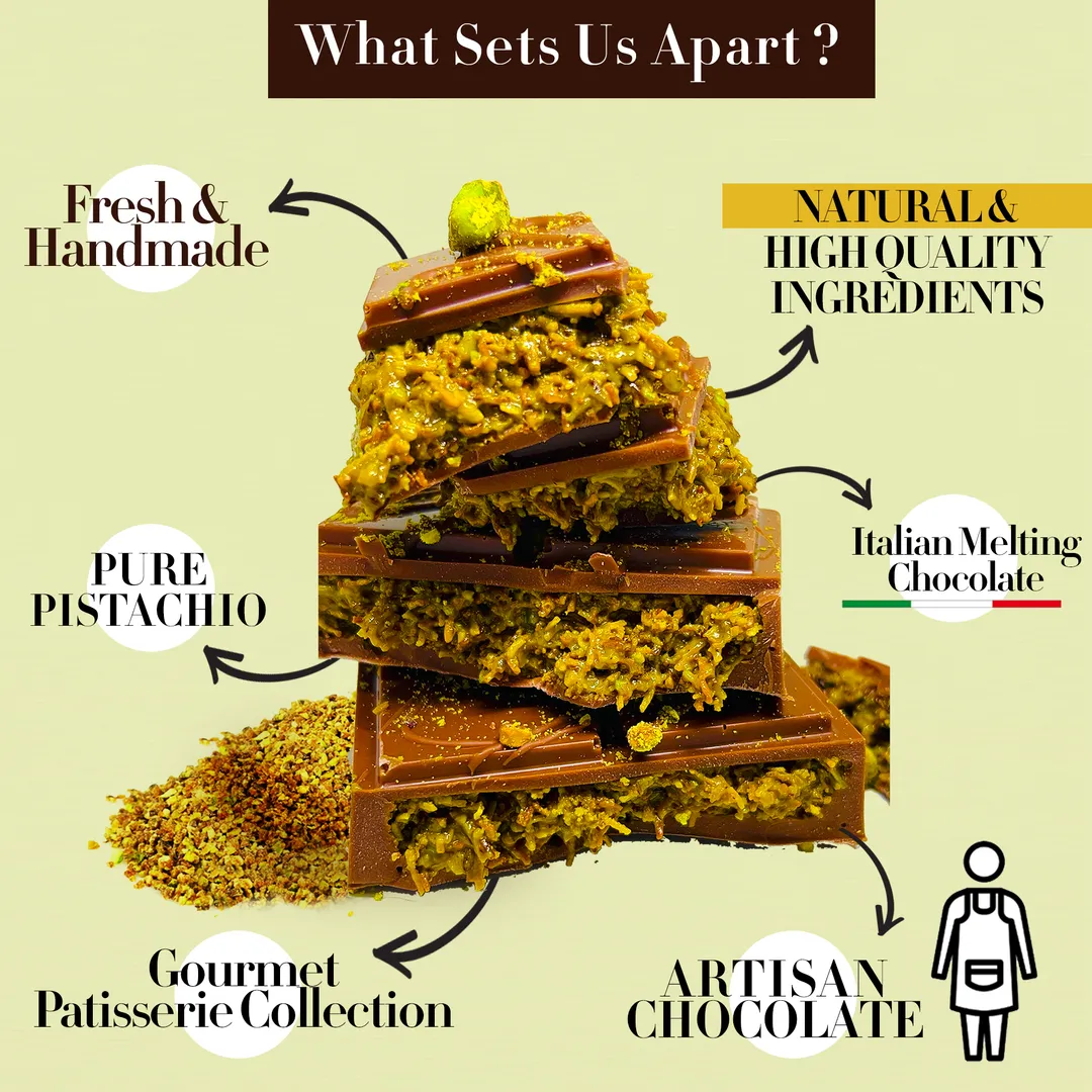Premium Dubai Kunafa Pistachio Chocolate Bar 8oz Freshly Made with Italian Melting Chocolate