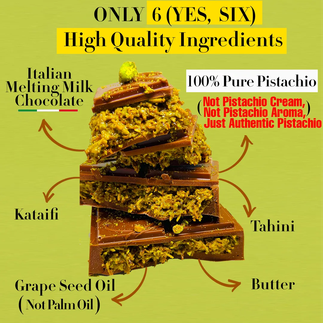 Premium Dubai Kunafa Pistachio Chocolate Bar 8oz Freshly Made with Italian Melting Chocolate