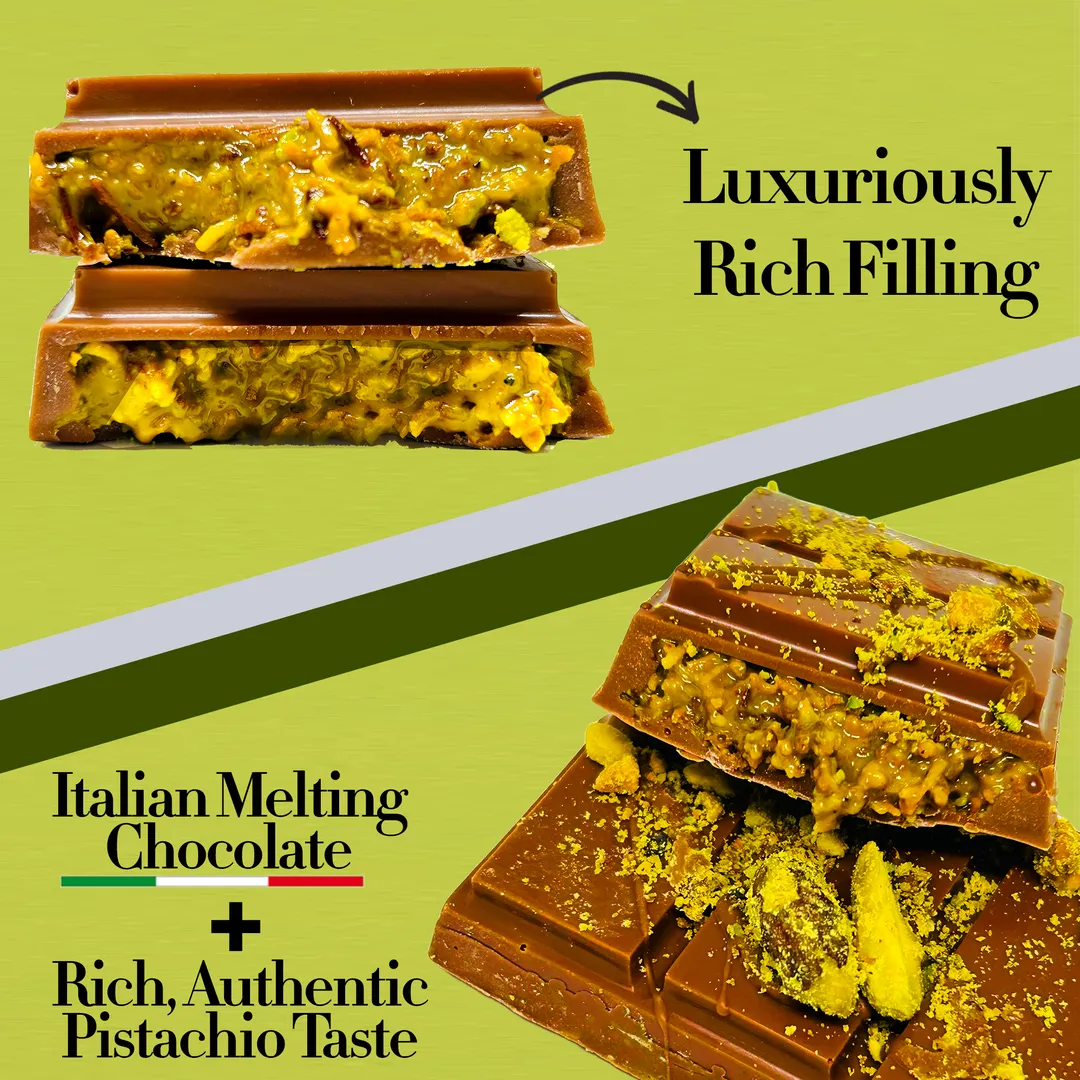Premium Dubai Kunafa Pistachio Chocolate Bar -2oz- Freshly Made with Italian Melting Chocolate | Extra Rich Pistachio Flavor | Thick Knafeh Kadaifi Pisstachio Choco Bar | Freshly Baked & Wrapped in Patisserie