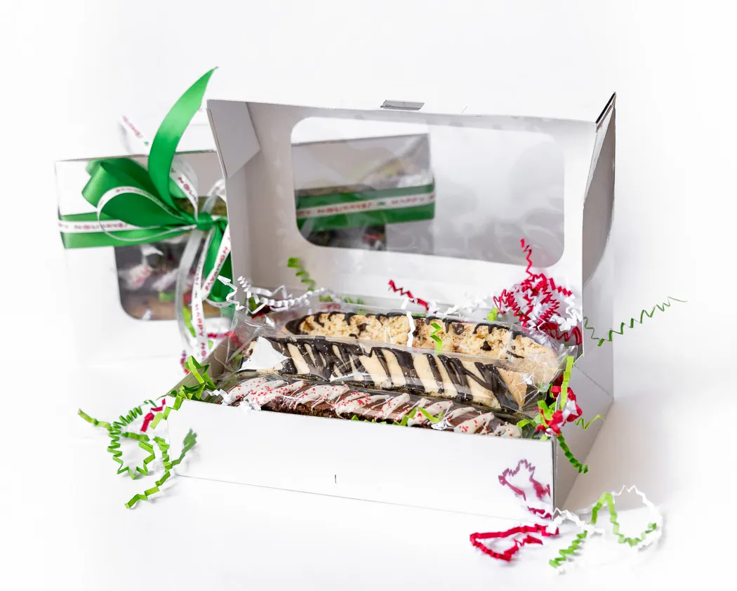 Gift Box of 6 Biscotti - Shiny Silver Hand Tied Ribbon
