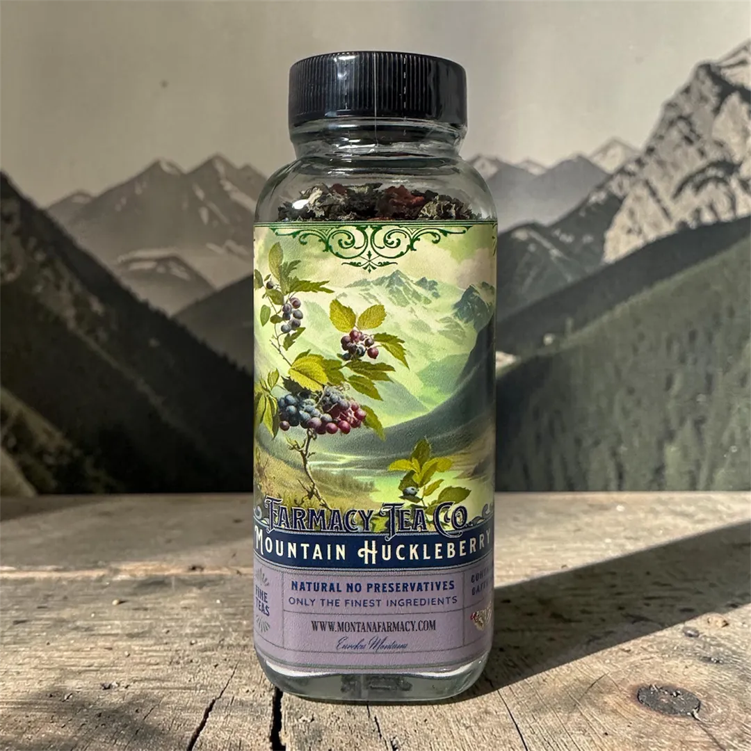 Montana Mountains Vintage Huckleberry Tea in glass jar 