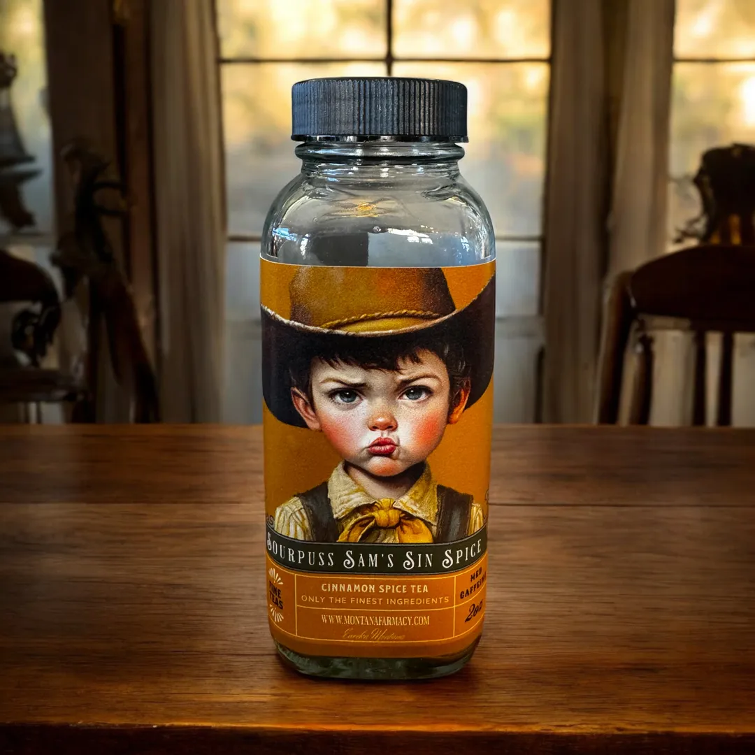 Sourpuss Sam cowboy pouty Tea Cinnamon Spice IN glass jar