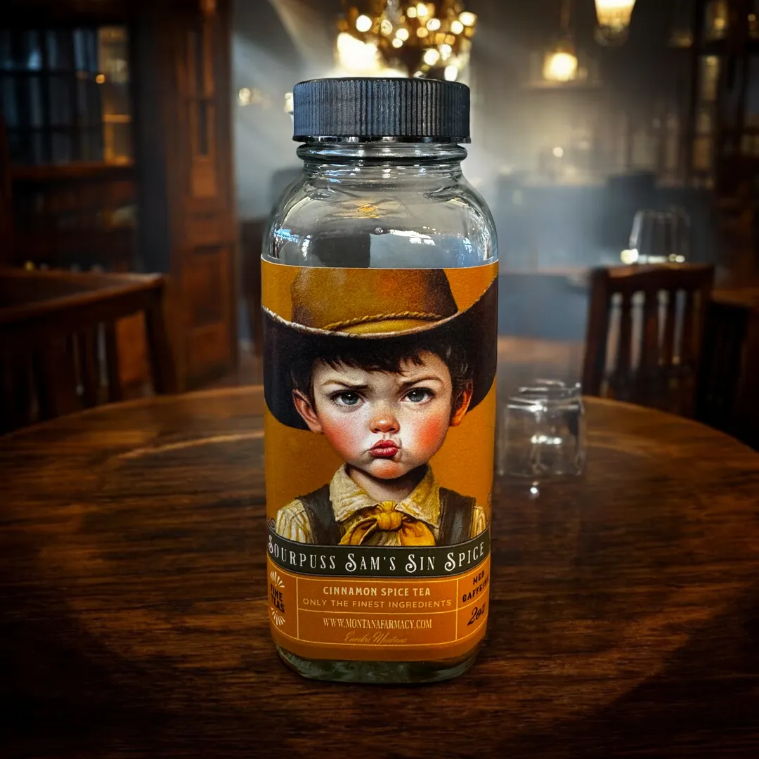 Sourpuss Sam cowboy pouty Tea Cinnamon Spice IN glass jar