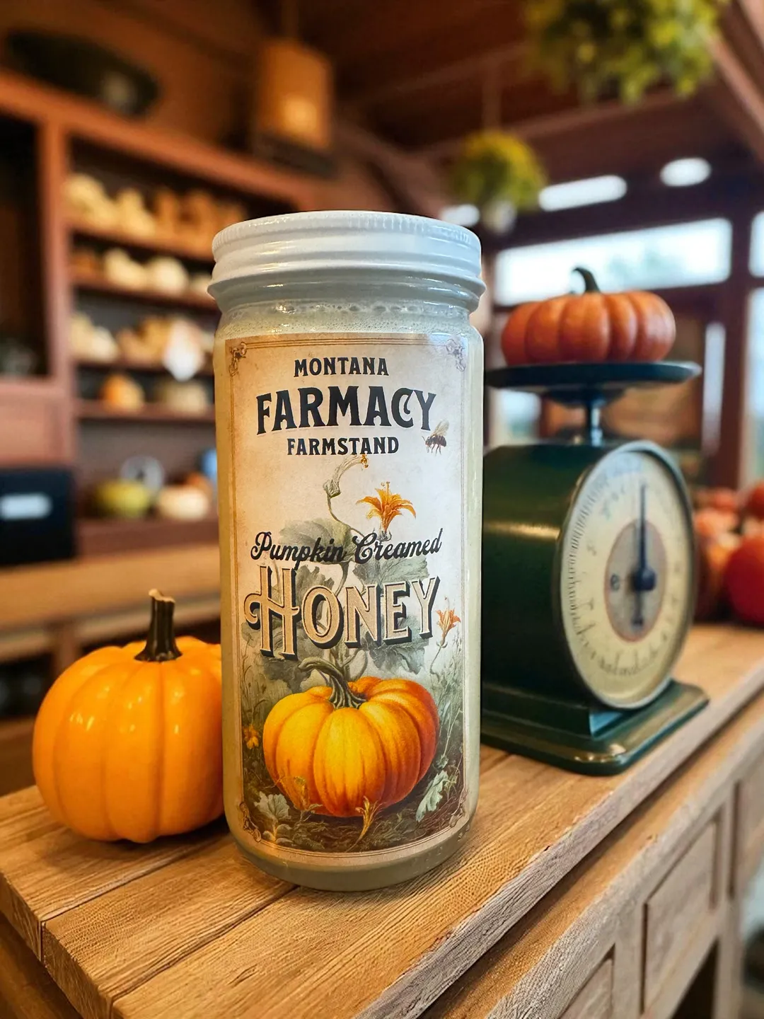 Vintage Pumpkin Creamed Honey Farmstead Farmstand jar Fall 