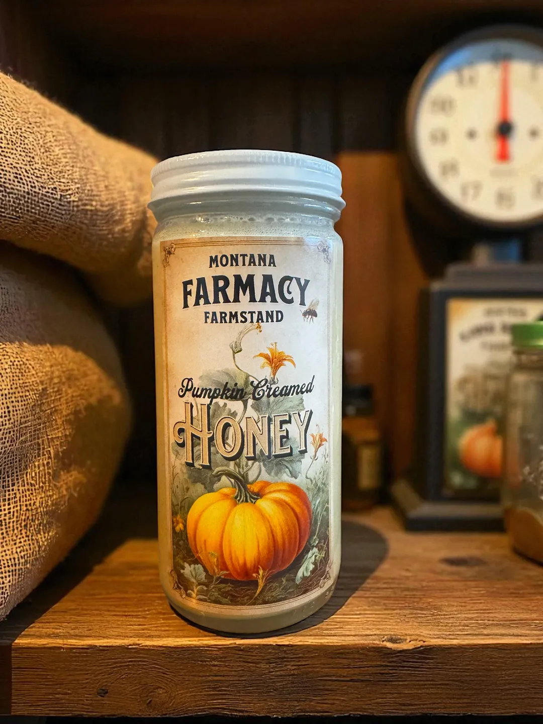 Vintage Pumpkin Creamed Honey Farmstead Farmstand jar Fall 