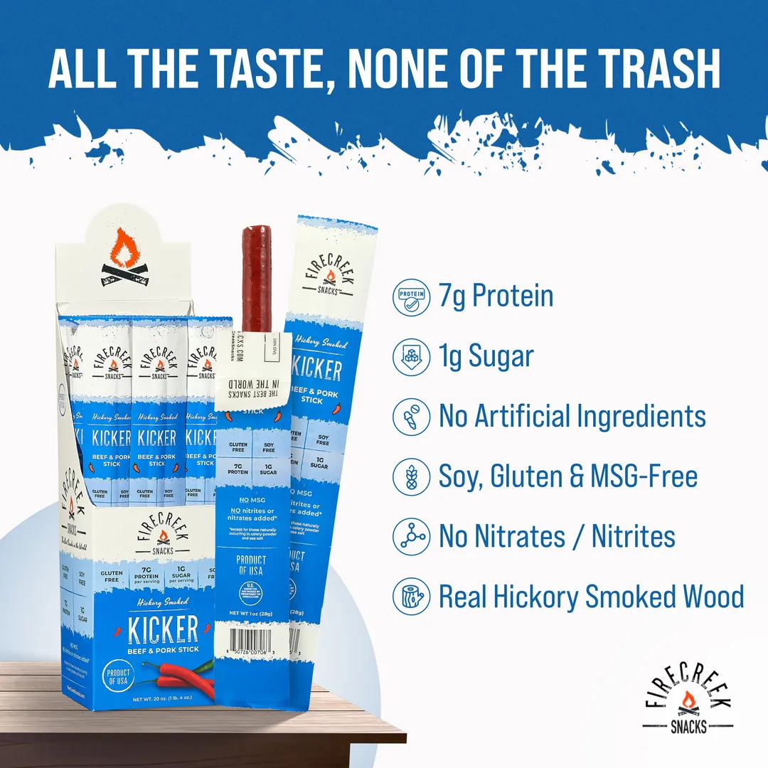 FireCreek Snacks Kicker Spicy Meat Sticks, High Protein Low Sugar, Gluten Free, Beef Meat Stick (Box of 20 - 1oz Ea)