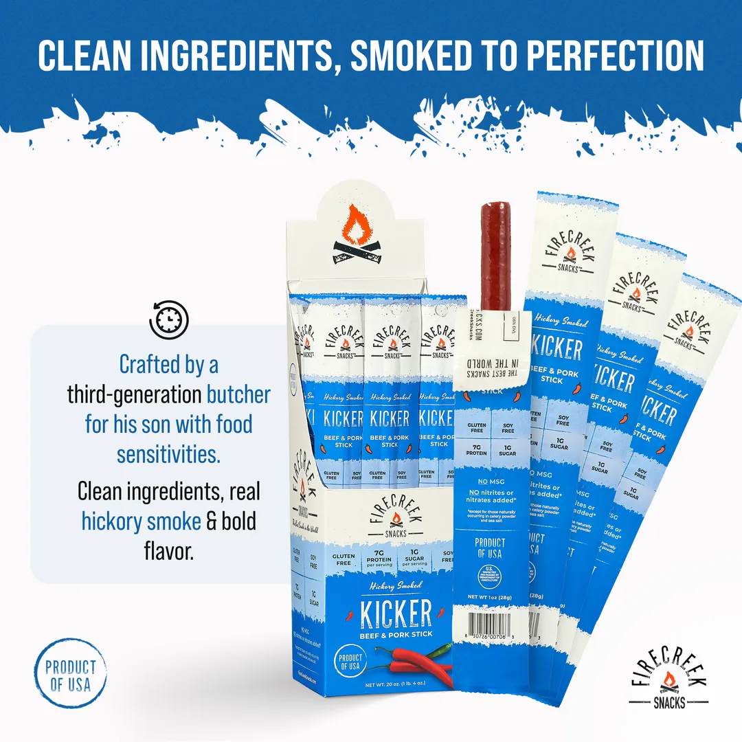 FireCreek Snacks Kicker Spicy Meat Sticks, High Protein Low Sugar, Gluten Free, Beef Meat Stick (Box of 20 - 1oz Ea)