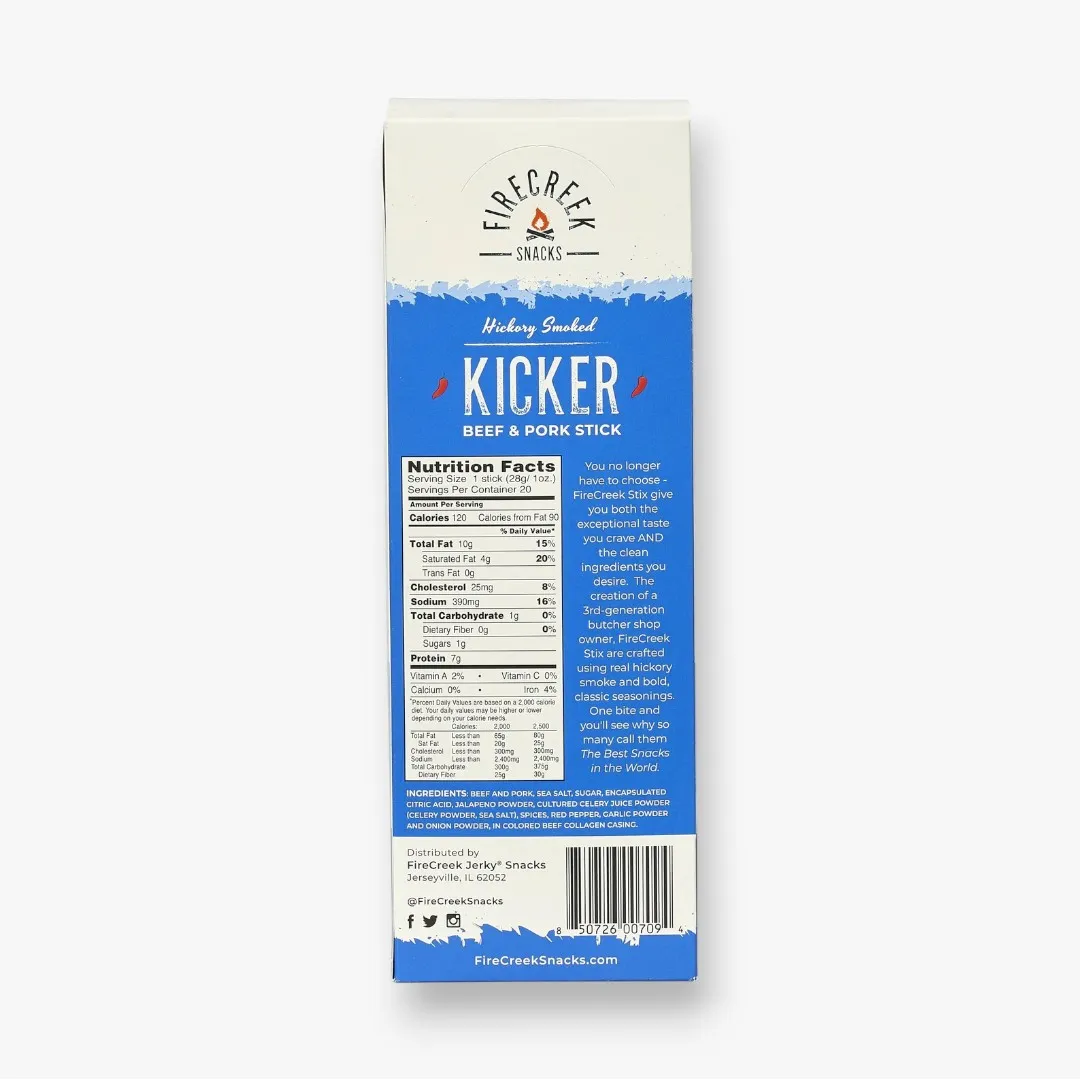 FireCreek Snacks Kicker Spicy Meat Sticks, High Protein Low Sugar, Gluten Free, Beef Meat Stick (Box of 20 - 1oz Ea)