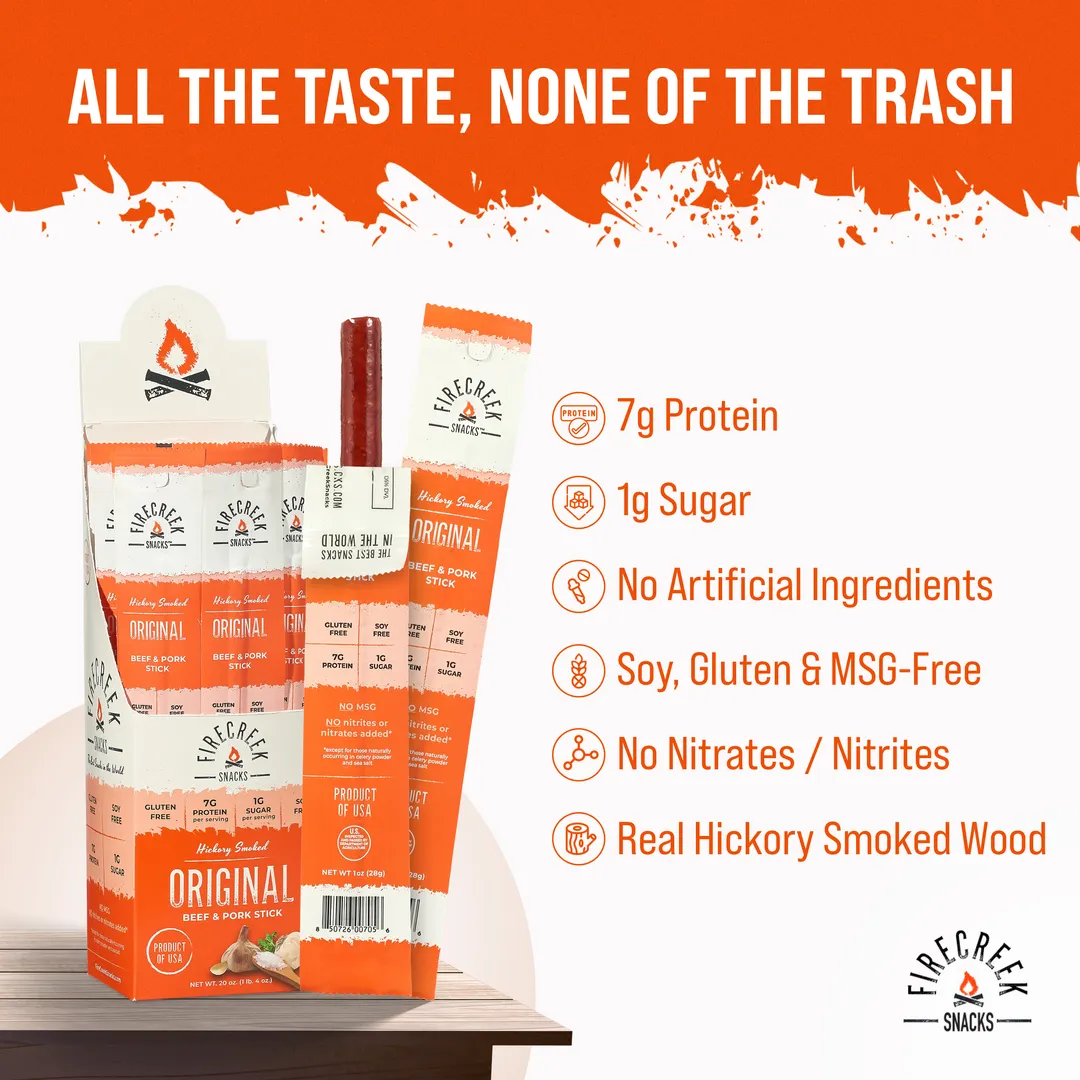 FireCreek Snacks Original Smoked Beef and Pork Meat Sticks, Gluten Free, High Protein Snack (Box of 20 - 1oz Ea)