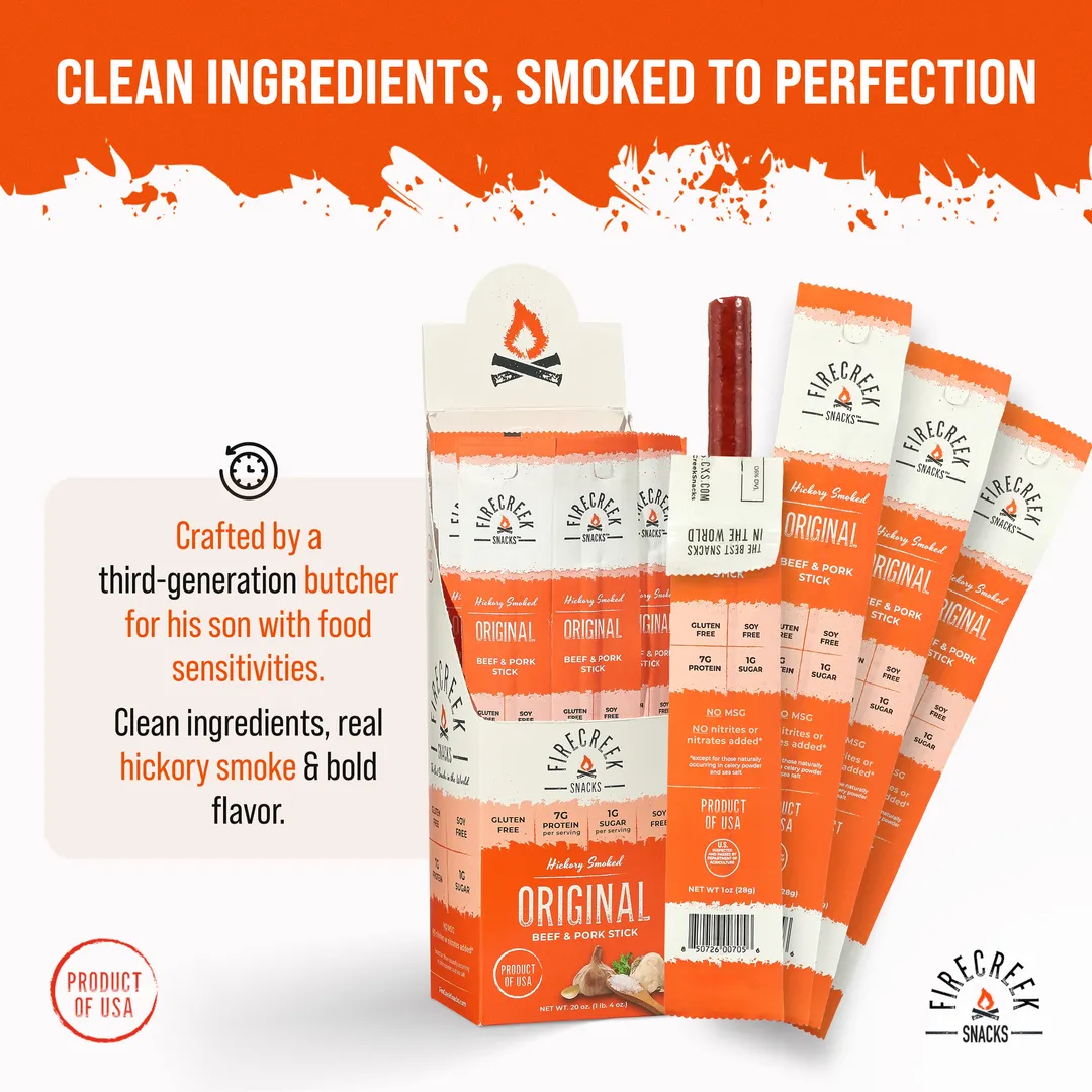 FireCreek Snacks Original Smoked Beef and Pork Meat Sticks, Gluten Free, High Protein Snack (Box of 20 - 1oz Ea)