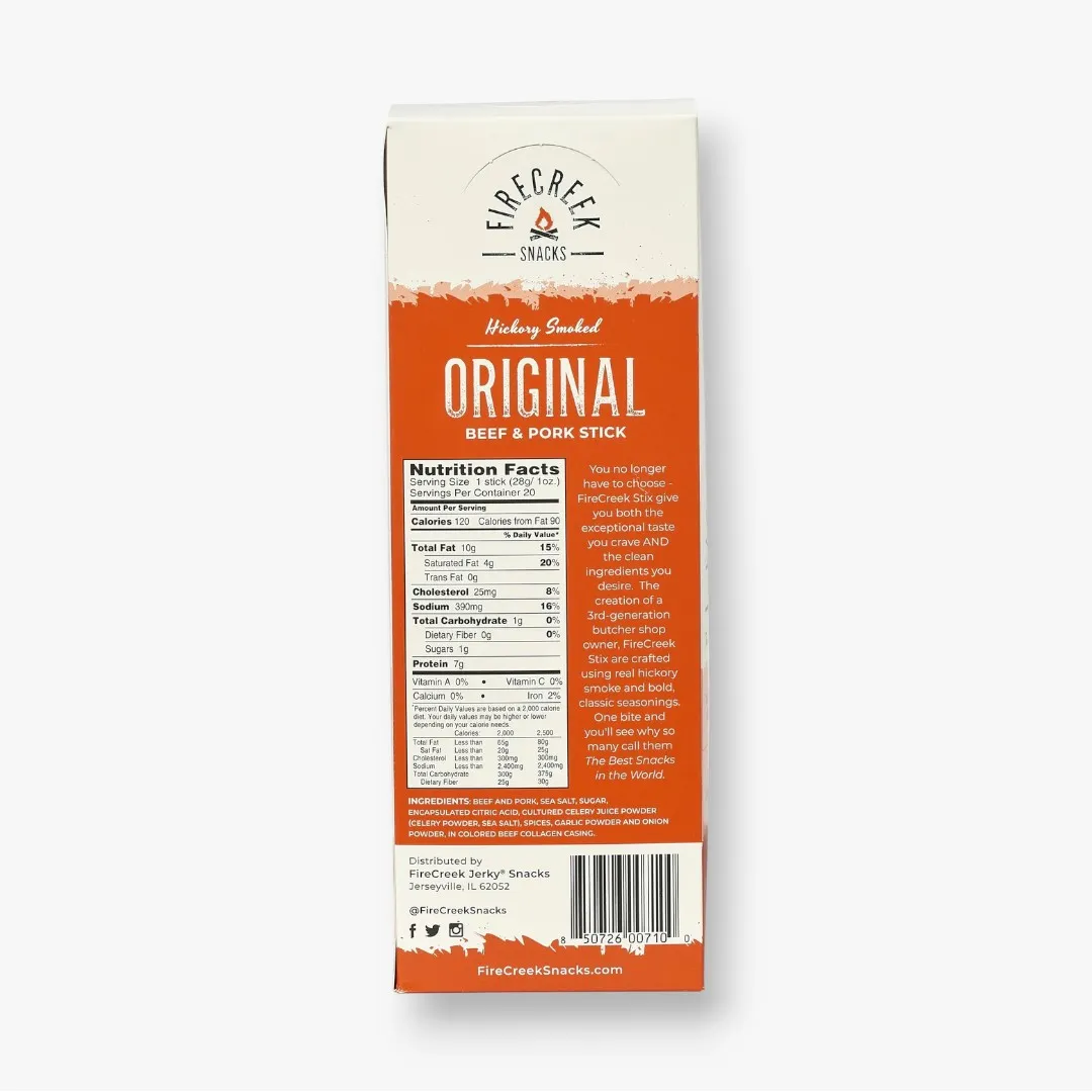 FireCreek Snacks Original Smoked Beef and Pork Meat Sticks, Gluten Free, High Protein Snack (Box of 20 - 1oz Ea)