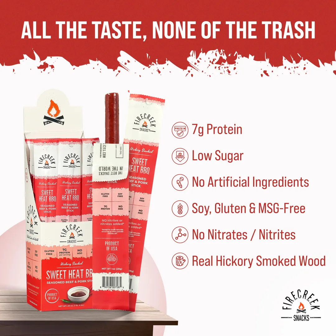 FireCreek Snacks Sweet Heat BBQ Sticks, High Protein Meat Stick Snack, Gluten Free (Box of 20 - 1oz Ea)