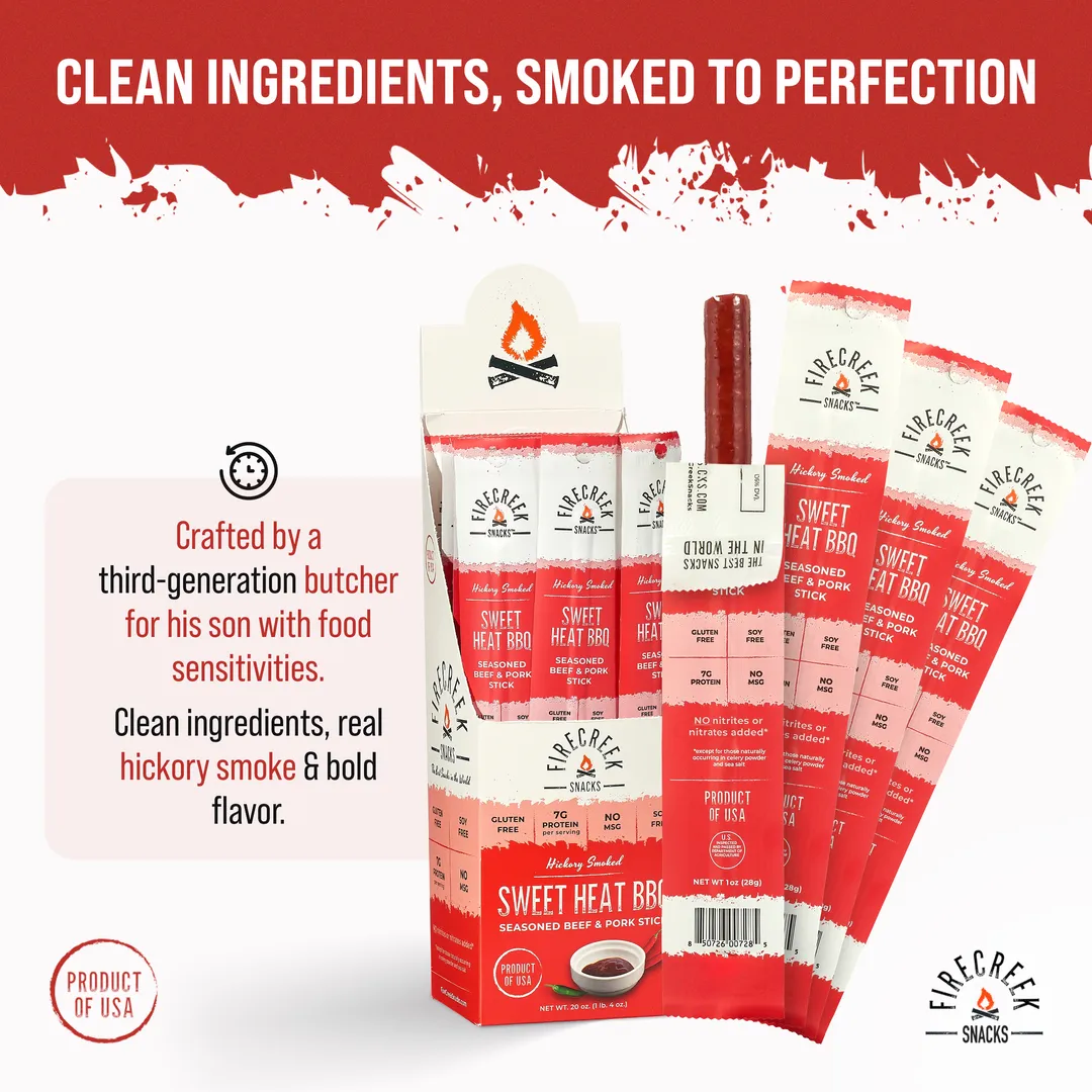 FireCreek Snacks Sweet Heat BBQ Sticks, High Protein Meat Stick Snack, Gluten Free (Box of 20 - 1oz Ea)