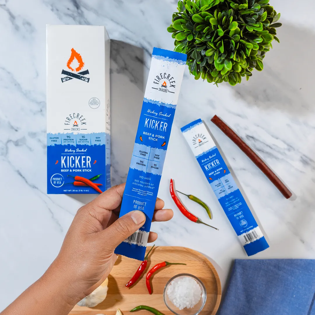 FireCreek Snacks Kicker Spicy Meat Sticks, High Protein Low Sugar, Gluten Free, Beef Meat Stick (Box of 20 - 1oz Ea)