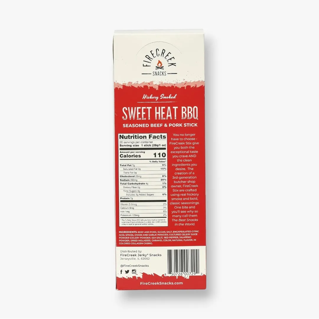 FireCreek Snacks Sweet Heat BBQ Sticks, High Protein Meat Stick Snack, Gluten Free (Box of 20 - 1oz Ea)
