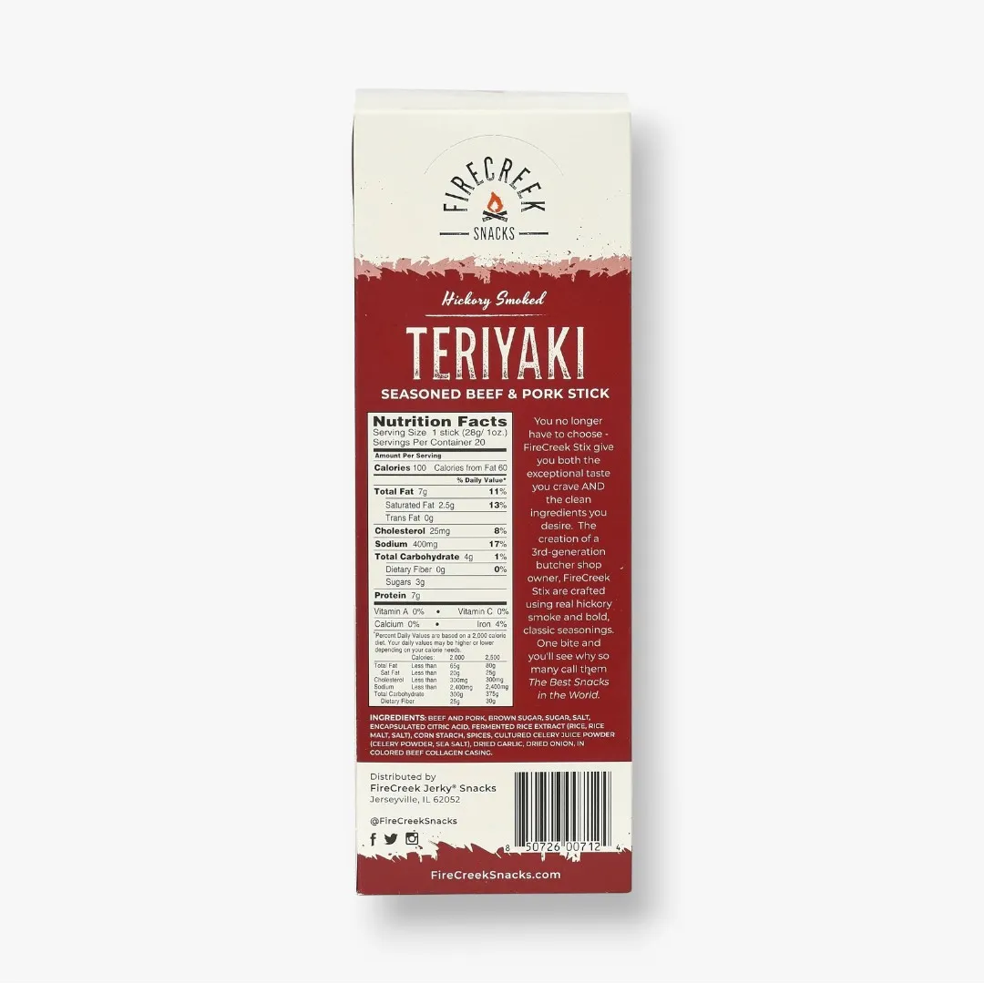FireCreek Snacks Teriyaki Beef and Pork Meat Sticks, High Protein, Low Carb, Gluten Free (Box of 20 - 1oz Ea.)