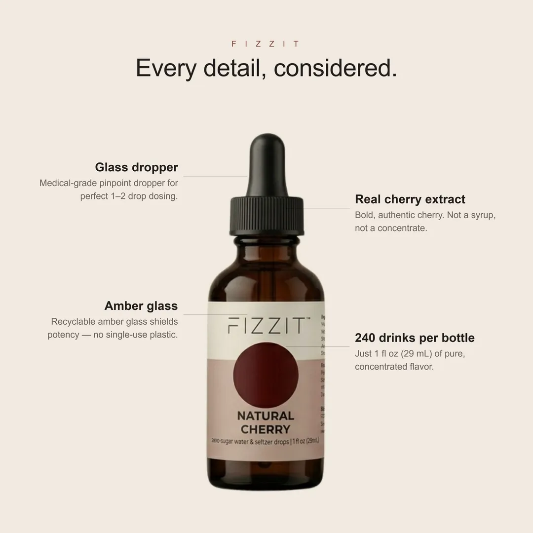 FIZZIT Natural Cherry Flavor Drops | Zero Sugar, Zero Calories | Natural Sparkling Water Enhancer | Replaces 160 Seltzer Cans | 1 fl oz (29mL) Glass Bottle with Dropper