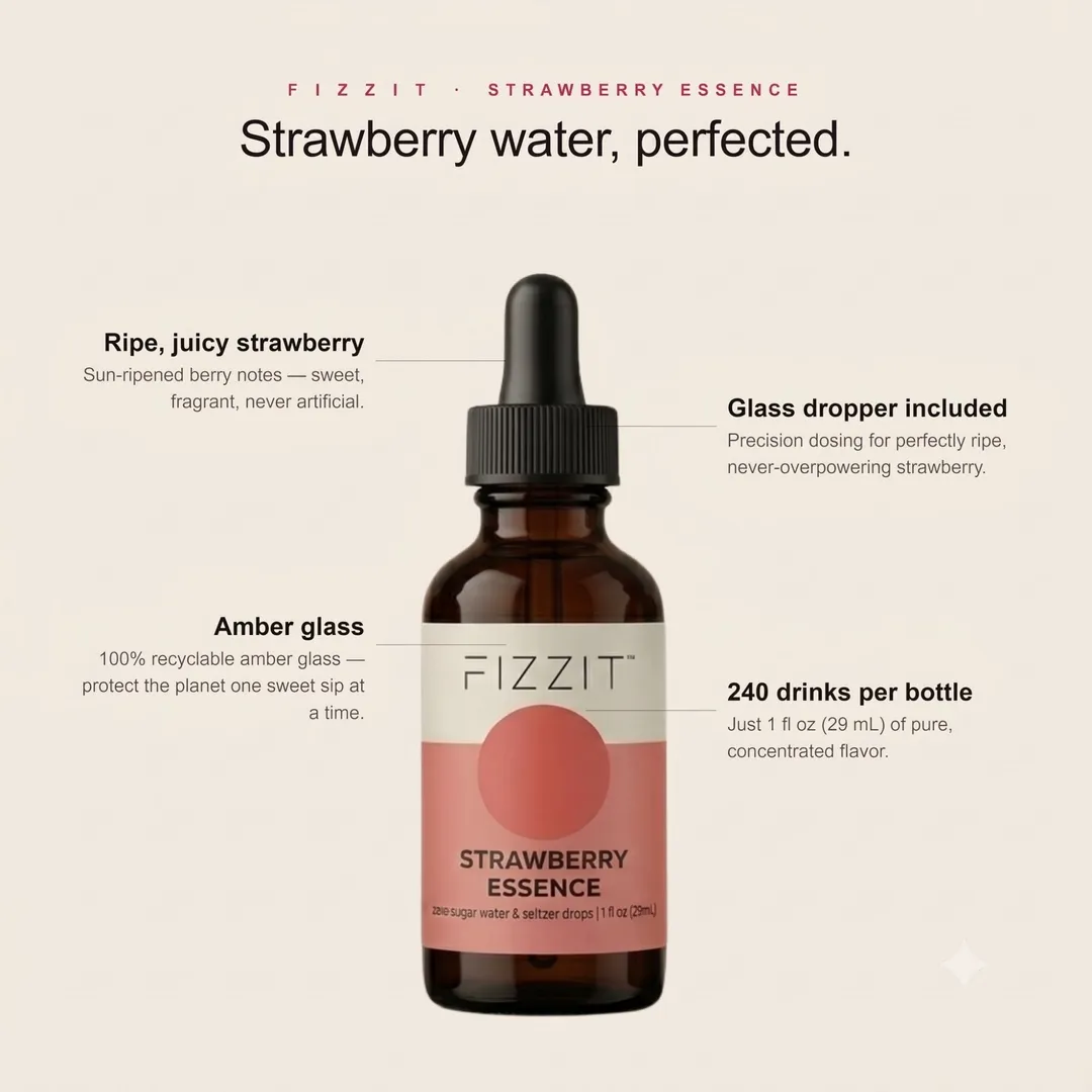 FIZZIT Strawberry Essence Flavor Drops | Zero Sugar, Zero Calories | Natural Sparkling Water Enhancer | Replaces 160 Seltzer Cans | 1 fl oz (29mL) Glass Bottle with Dropper