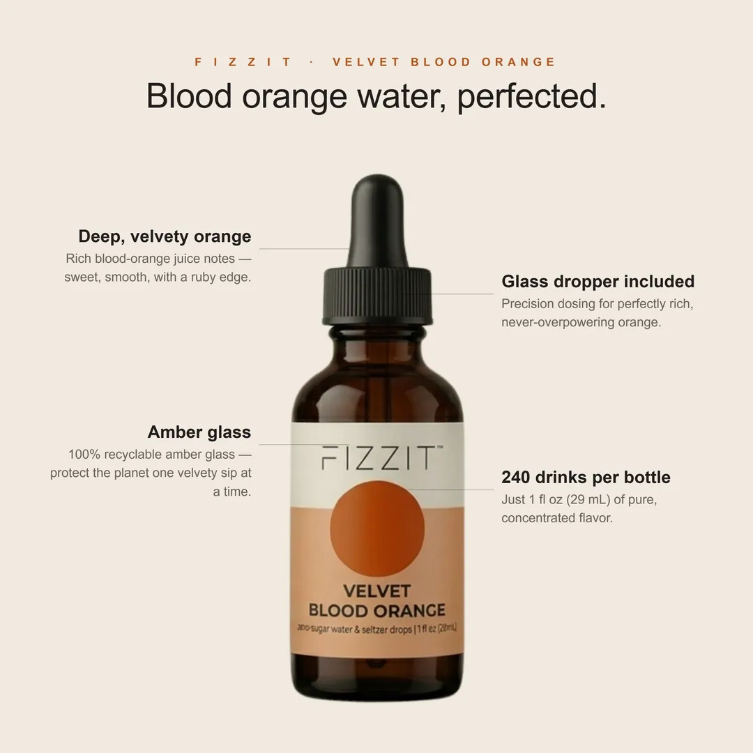 FIZZIT Velvet Blood Orange Flavor Drops | Zero Sugar, Zero Calories | Natural Sparkling Water Enhancer | Replaces 160 Seltzer Cans | 1 fl oz (29mL) Glass Bottle with Dropper