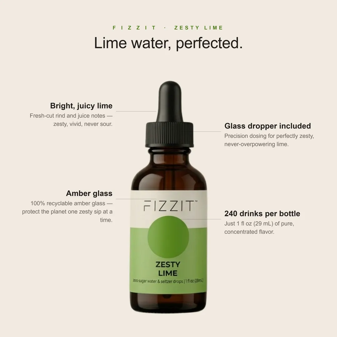 FIZZIT Zesty Lime Flavor Drops | Zero Sugar, Zero Calories | Natural Sparkling Water Drops | 1 fl oz (29mL) Glass Bottle with Dropper