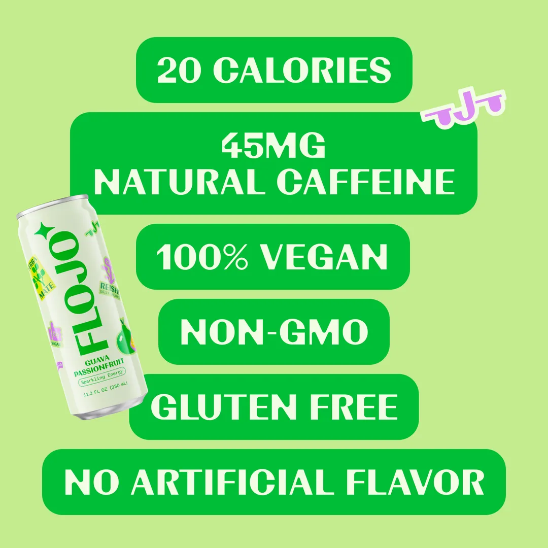 FLOJO Sparkling Energy Guava Passiofruit (12 cans) Yerba Mate, Reishi, Lion's Mane
