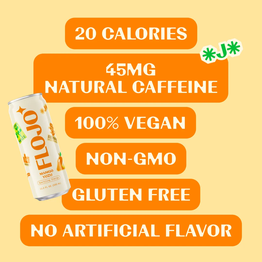 FLOJO Sparkling Energy Mango Yuzu (12 cans) Yerba Mate, Reishi, Lion's Mane