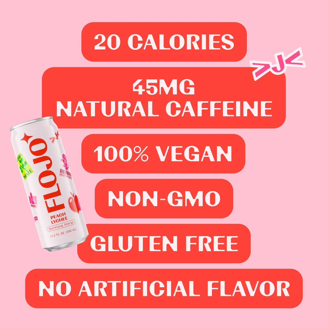 FLOJO Sparkling Energy Peach Lychee (12 cans) Yerba Mate, Reishi, Lion's Mane