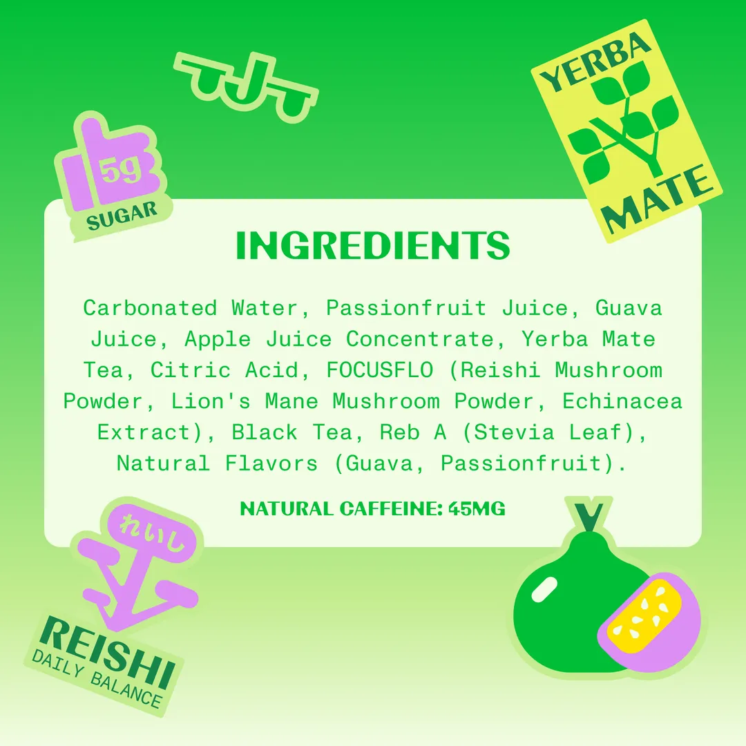 FLOJO Sparkling Energy Guava Passiofruit (12 cans) Yerba Mate, Reishi, Lion's Mane