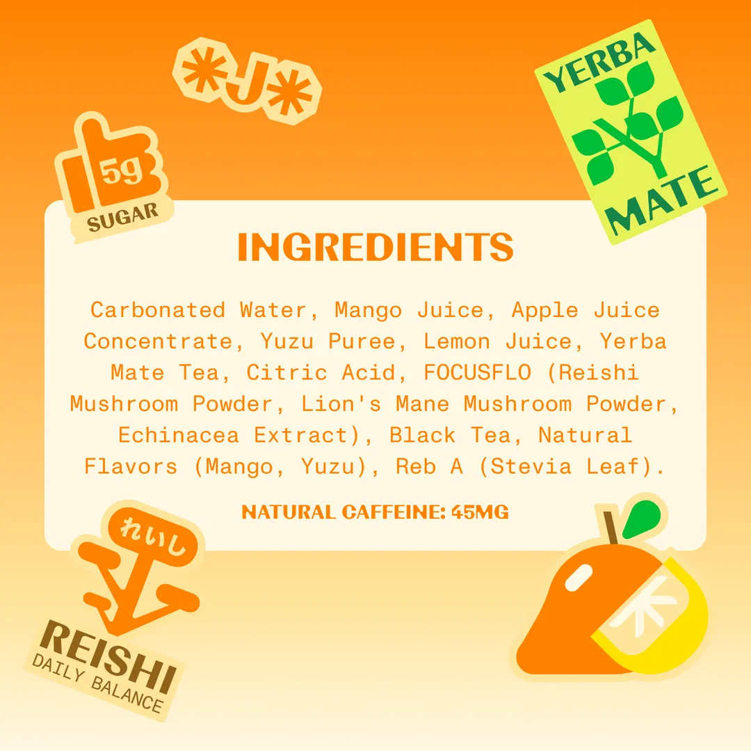 FLOJO Sparkling Energy Mango Yuzu (12 cans) Yerba Mate, Reishi, Lion's Mane