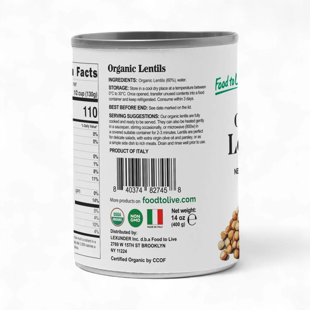 Organic Canned Lentils – Unsalted, Non-GMO, Vegan – by Food to Live