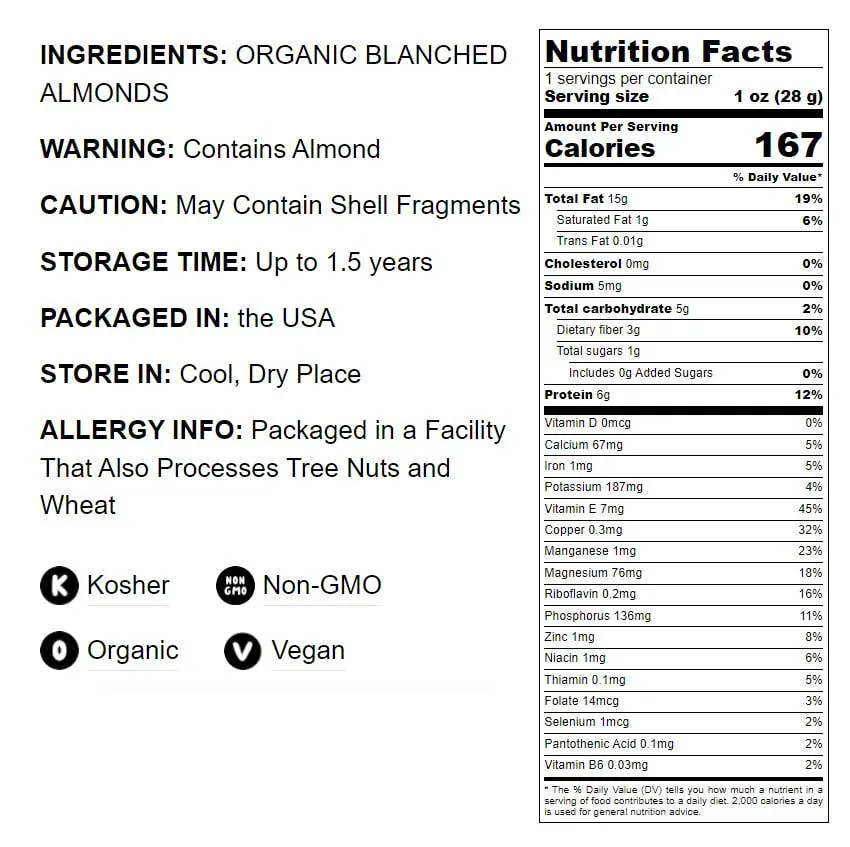 Organic Blanched Whole Almonds – Non-GMO, Raw, Unpasteurized