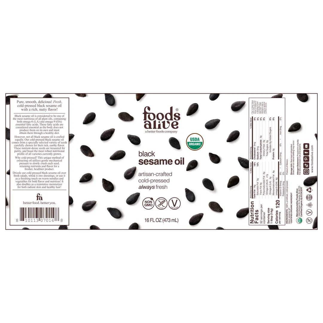 Black Sesame Seed Oil - Artisan Cold-Pressed, Organic - 16oz Glass