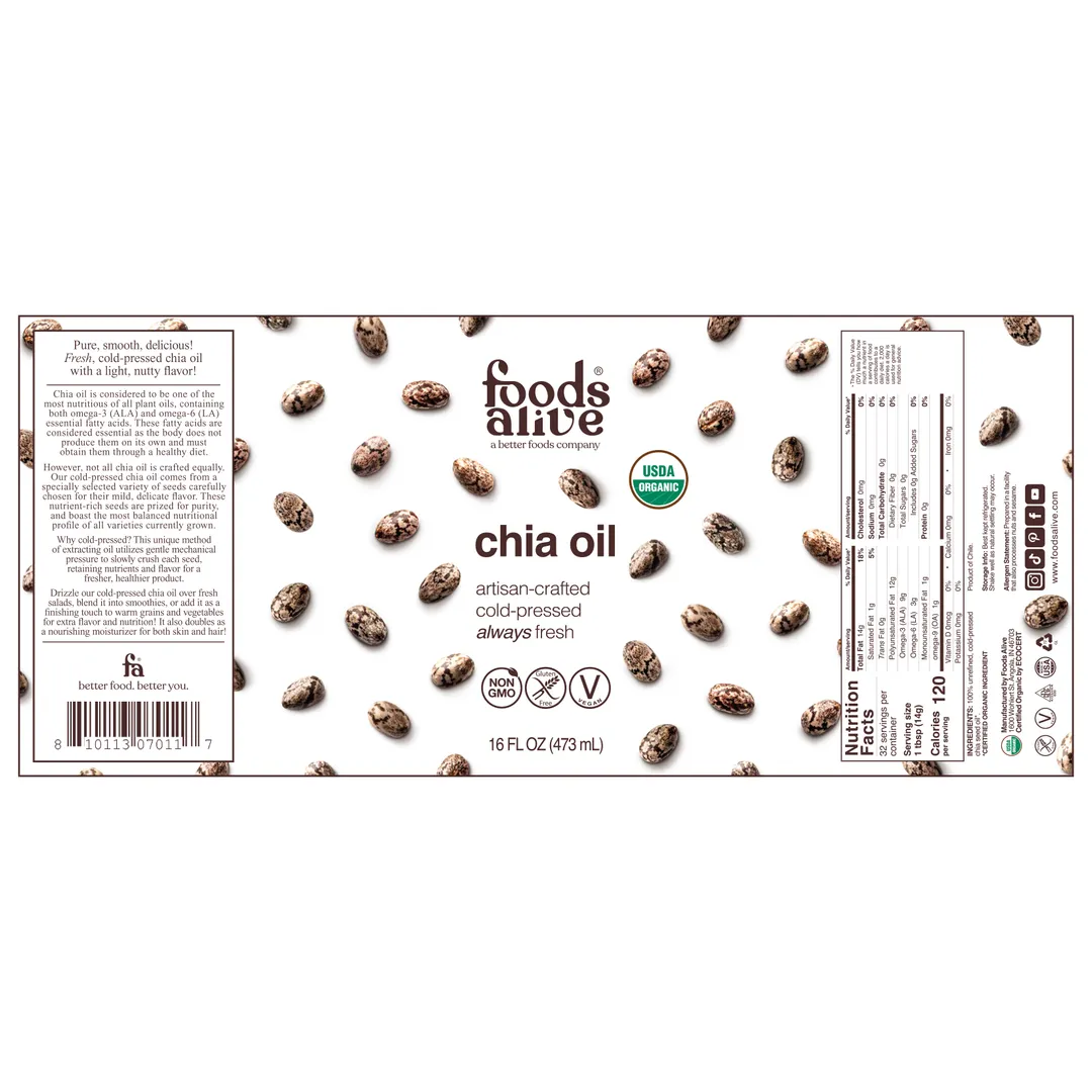 Chia Seed Oil - Artisan Cold-Pressed, Organic - 16oz Glass
