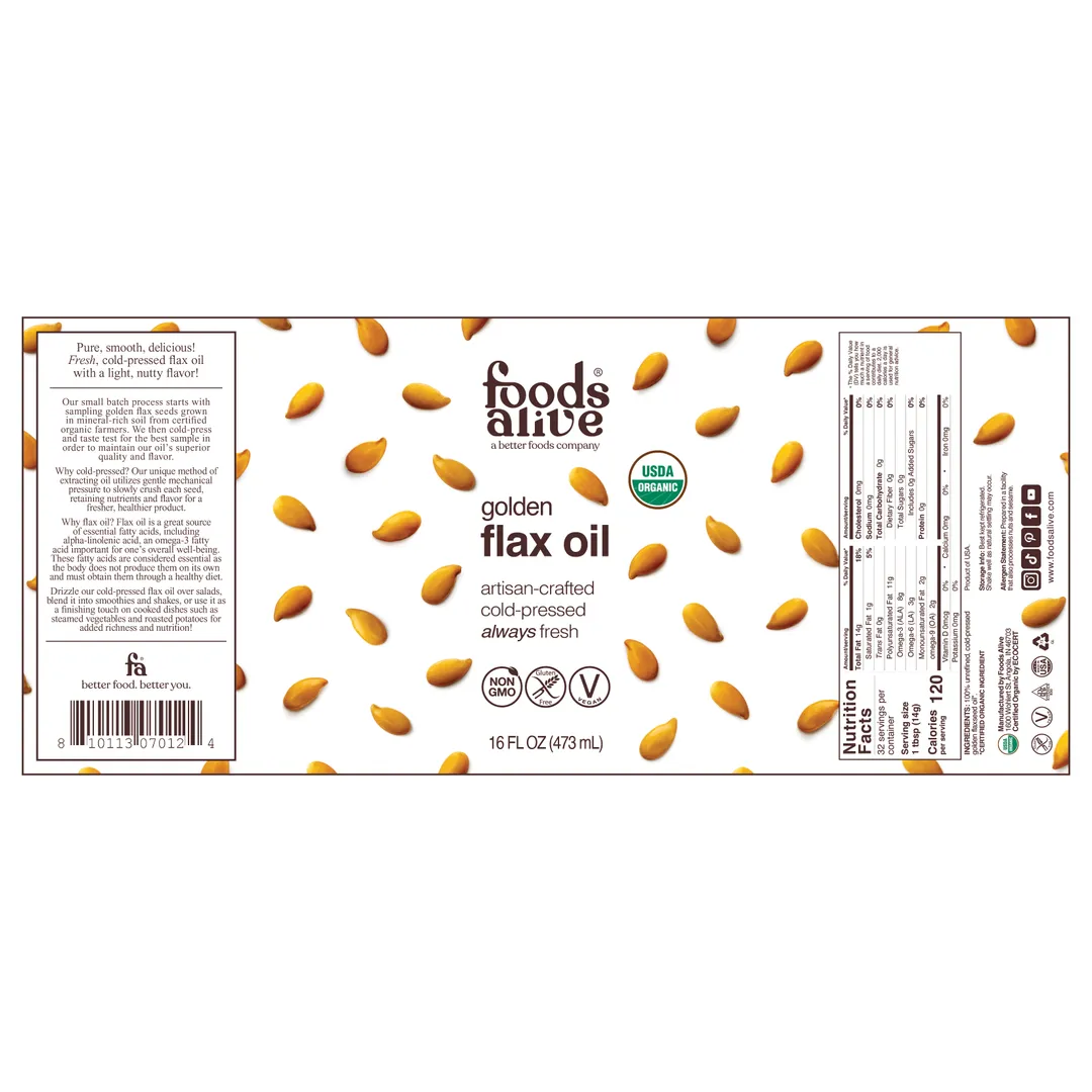 Gold Flax Seed Oil - Artisan Cold-Pressed, Organic - 16oz Glass