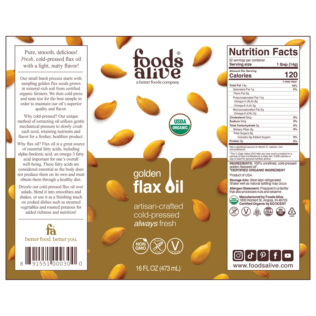 Gold Flax Seed Oil - Artisan Cold-Pressed, Organic (16 oz)